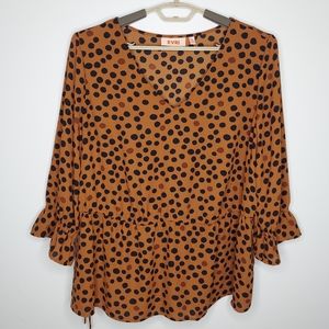 Evri Top Elbow Flare V-Neck Tie Waist Polka Dot Chiffon Blouse Brown Black 1X